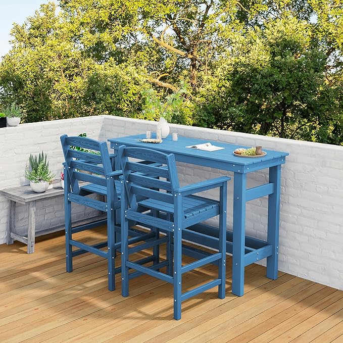 SERWALL Outdoor Bar Set - 2 Adirondack Bar Chairs & Bar Height Table with 1.6" Umbrella Hole, All-Weather HDPE Patio Furniture for Poolside, Backyard, Garden - Blue