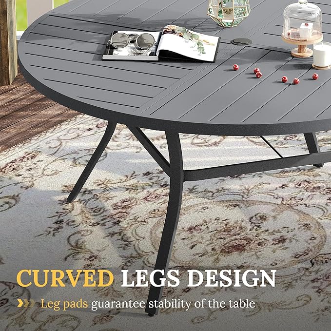 VICLLAX Round Patio Table with Adjustable Umbrella Hole for 8, All Weather Metal Outdoor Dining Table for Lawn Garden, 59.8" Outdoor Coffee Table, Grey Tabletop