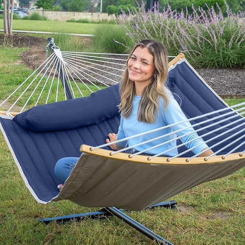 2 Person Hammock with Stand Included, Outdoor Hammock with Curved Spreader Bar, Pillow and Carrying Bag, 450 Lbs Capacity, Navy Blue