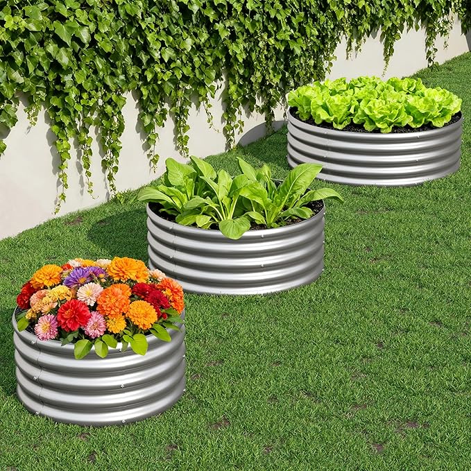 2PCS 3x3x1FT Galvanized Raised Garden Bed Kit,Vegetable Boxes-Round Metal Flower Box,Large Planter Raised Beds Outdoor Garden for Planting,Fruit,Herb-Silver