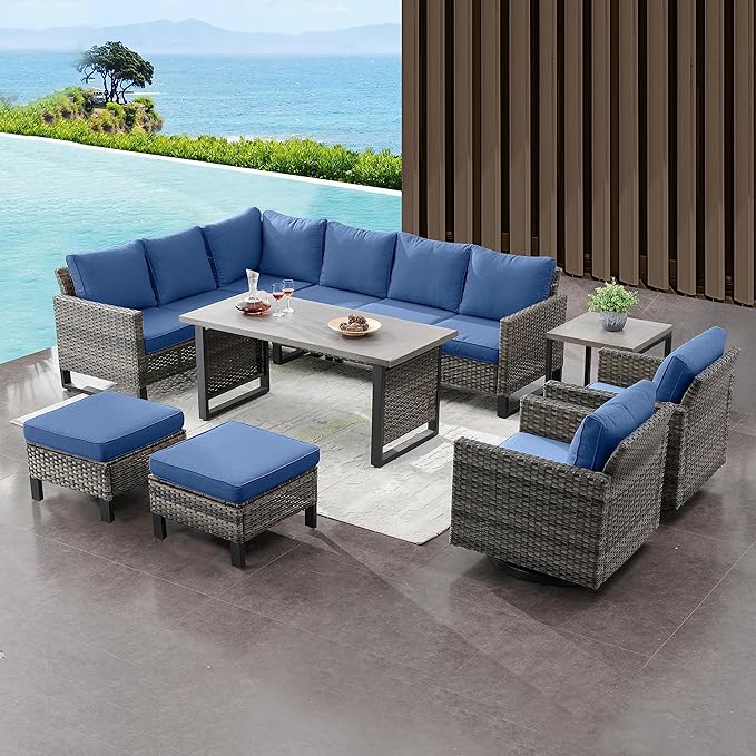 Belord Outdoor Sectional Sofa 6 Seater L Shaped Couch Wicker Patio Conversation Furniture Set Rattan Outdoor Furniture with Removable Washable Cushion Blue