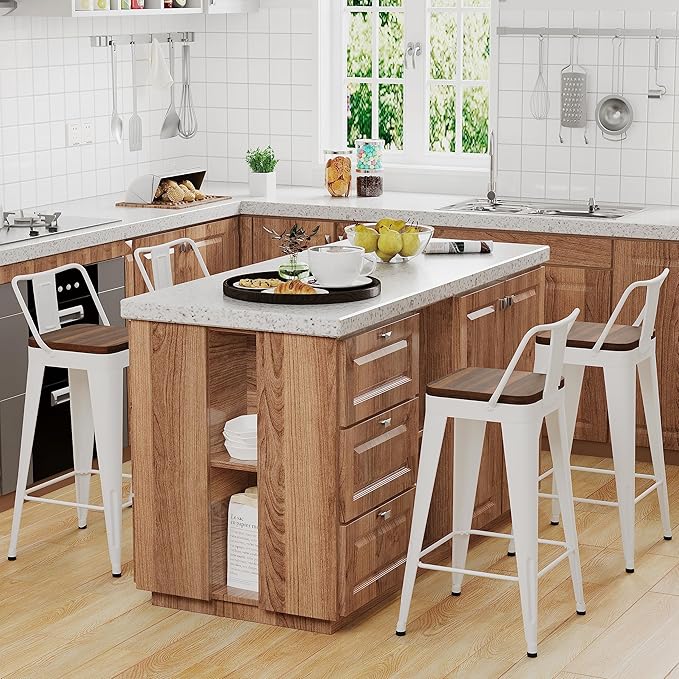 WENTMENT Bar Stools Set of 4 Counter Height Bar Stools Metal Barstools with Removable Back 26" Kitchen Bar Stools with Wooden Seat, Off White