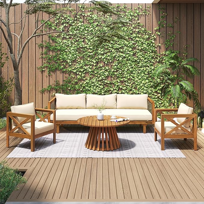 Merax Outdoor 4-Piece Acacia Wood Conversation Set - Patio 3-Seat Loveseat Sofa w/Coushion, 2 Armchair and Round Coffee Table for Backyard, Lawn, Balcony, Beige + Teak